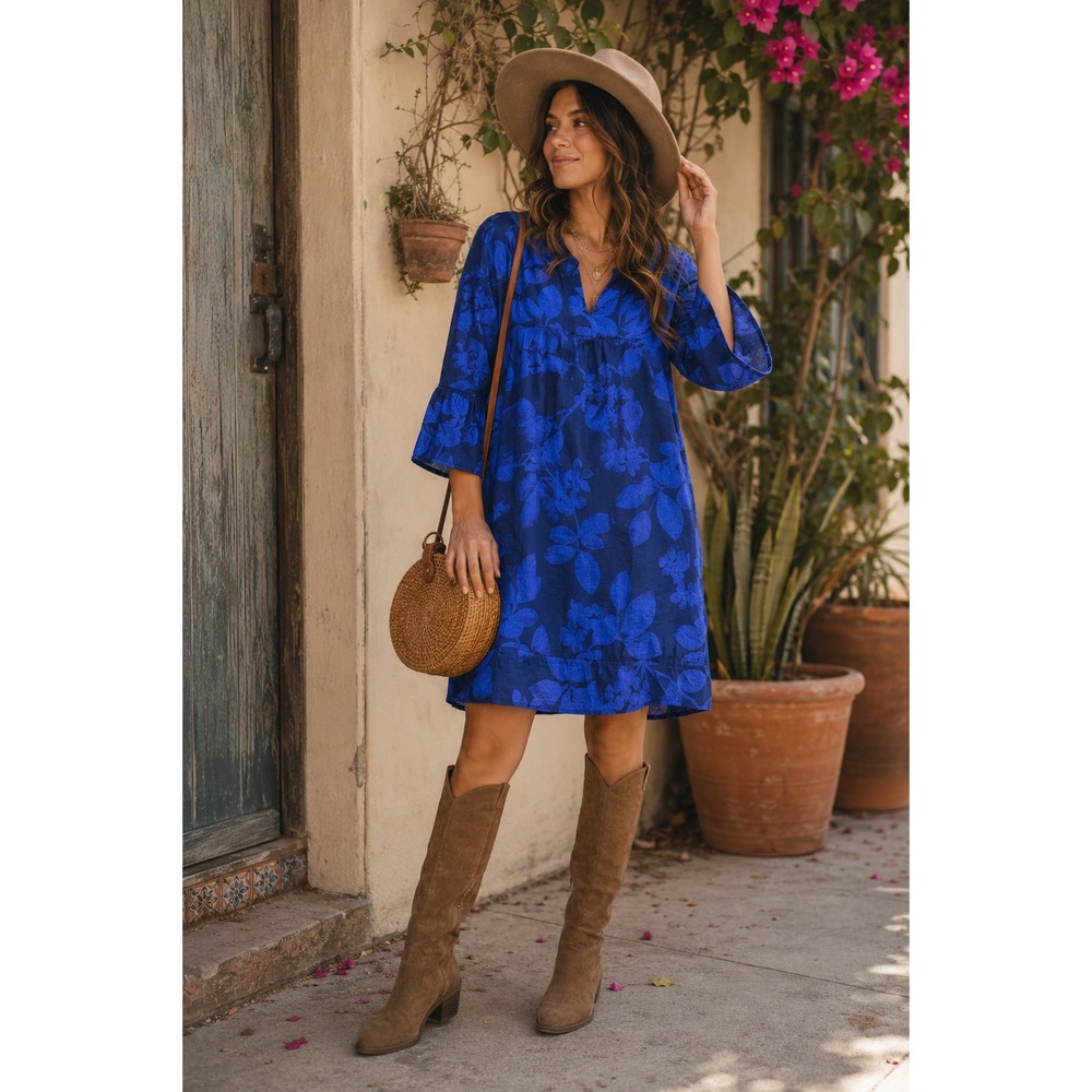 Gap Womens Size 14 Blue Floral Shift Dress V Neck 3/4 Sleeve Lined